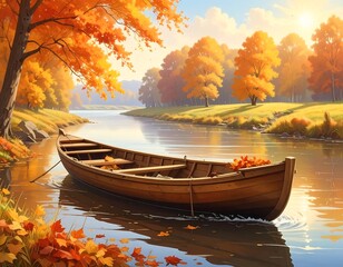 Autumn Landscape with Boat on River and Trees in the Warm Sunlight