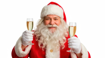 Santa Claus toasting with two champagne glasses — isolated on transparent png background