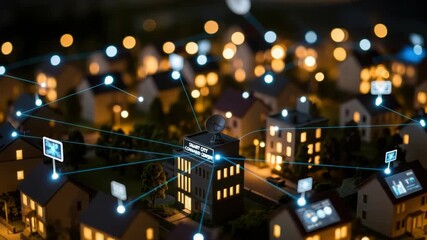 miniature smart city model at night A central command center building connects to numerous glowing houses via blue networked lines and data screens illustrating urban connectivity and data flow