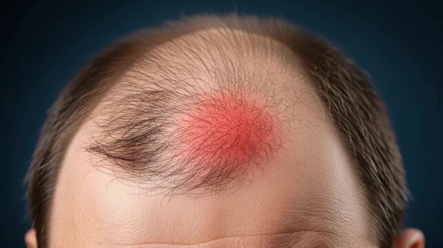 Close-up of scalp with receding hairline and thinning brown hair A prominent red irritated spot is visible on the crown suggesting inflammation or pain against dark background