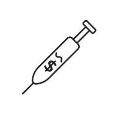 Editable stroke line icon of a syringe with a dollar sign, symbolizing financial injection, economic stimulus, or investment boost. Ideal for apps, websites, and infographics on finance or economy.