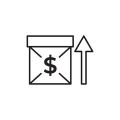 Editable stroke line icon of a box with a dollar sign and upward arrow, symbolizing financial growth, e-commerce sales, or profit increase. Ideal for apps, websites, and infographics on trade economy.