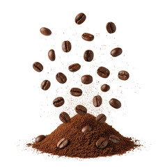 Aromatic coffee beans cascading onto a mound of freshly ground coffee delight presentation