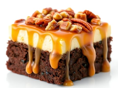 Decadent chocolate brownie topped with creamy frosting and drizzled caramel and pecans - Powered by Adobe