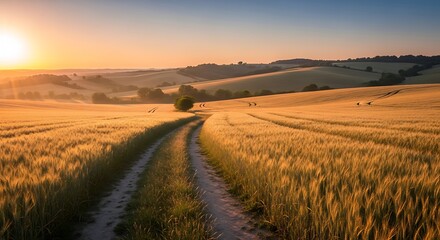 Obraz premium Golden Wheat Field Path Sunrise.