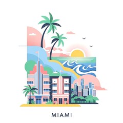 Fototapeta premium Miami Beach Cityscape Illustration.