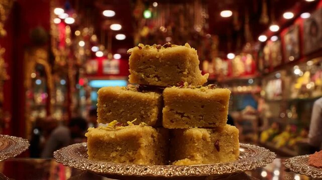 Stacked Indian sweets, Barfi, adorned with pistachios in a festive shop.