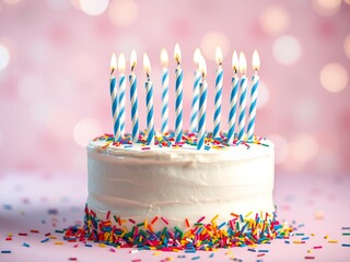 Birthday cake with lit candles and colorful sprinkles on a pink background