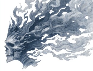 A skeletal profile merges with wispy smoke, transitioning from solid to ethereal