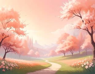 Beautiful Cherry Blossom Landscape with Pathway and Lush Greenery and Mountains
