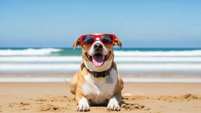 cheerful tan and white dog wearing red sunglasses and bone tag collar relaxes on sunny beach Tongue out with ocean waves and bright blue sky in the background