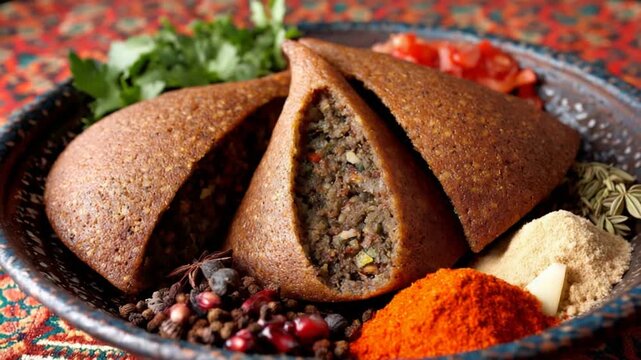 Delicious Stuffed Kibbeh With Spices and Fresh Garnish.