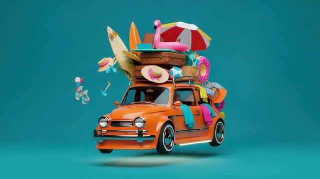 orange classic car overflowing with an array of summer vacation essentials It is laden with surfboards floats an umbrella suitcases hats towels and picnic basket against its teal backdrop