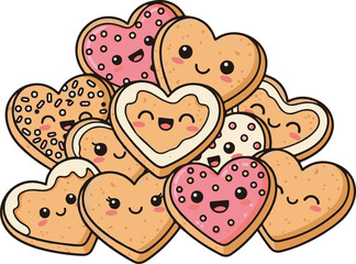 Heart shaped cookies with smiling faces cartoon illustration. World Kindness Day