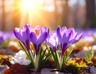 Beautiful Close-up of Purple Crocus Flowers Blooming in the Sunlight