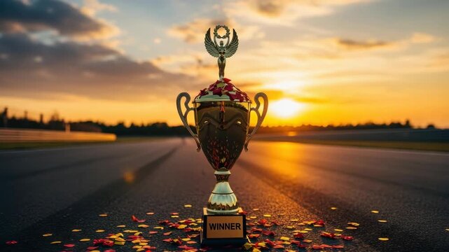 gleaming golden trophy topped with winged figure and filled with red and yellow petals stands on dark racetrack at sunset Scattered petals surround its WINNER base under vibrant orange sky - Powered by Adobe