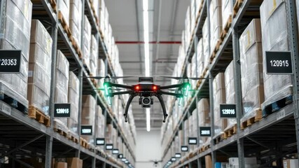 camera-equipped drone with green and red lights flies through vast warehouse aisle High shelves are packed with boxed inventory on pallets marked with digital location numbers highlighting modern logi - Powered by Adobe