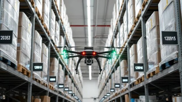 camera-equipped drone with green and red lights flies through vast warehouse aisle High shelves are packed with boxed inventory on pallets marked with digital location numbers highlighting modern logi