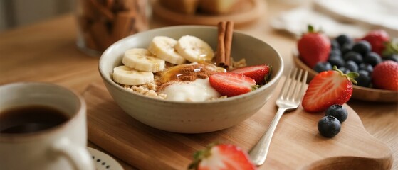 A bowl of oatmeal topped with banana slices, strawberries, blueberries, honey, and a cinnamon stick, served on a wooden board with fresh fruit and a cup of coffee.