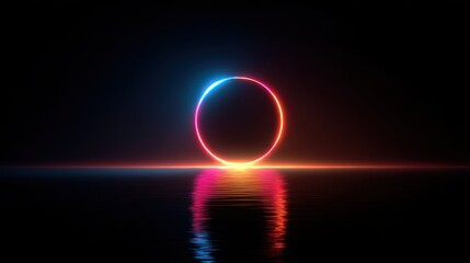 Vibrant neon oval portal reflecting on a wet surface with a horizontal light beam