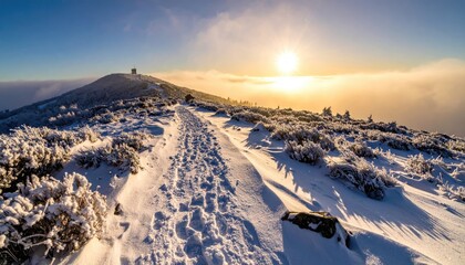 Snowy path towards a mountain summit