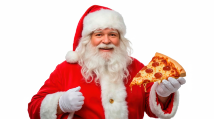 Santa Claus holding a slice of pizza — on transparent png background