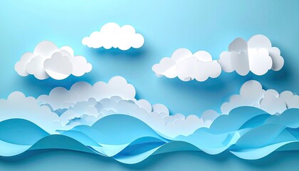 Paper Cutout Landscape with Blue Water and White Clouds in Layered Design on Light Blue Background for a Whimsical and Artistic Composition