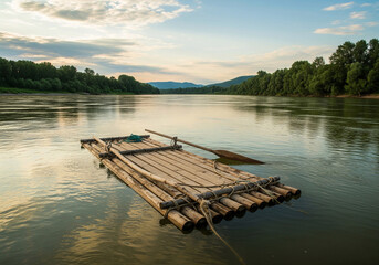 Naklejka premium wooden raft on the river