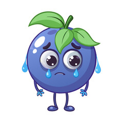 Sad wet cartoon blueberry character with big eyes and drooping stem