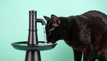 Black cat drinks from water fountain