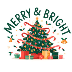 Naklejka premium Merry and bright christmas tree with gifts isolated on transparent background