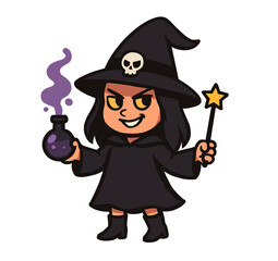 Cartoon Witch With Potion and Wand