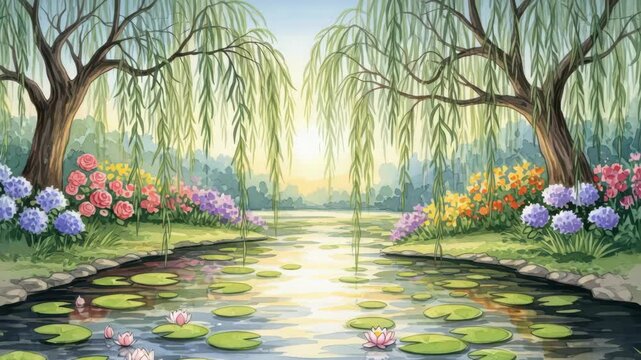 watercolor painting shows tranquil pond reflecting soft sun Weeping willows frame the water featuring lily pads and pink water lilies Colorful flowers like hydrangeas and roses line the lush banks