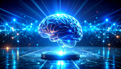 Obraz premium Digital Brain: A vivid and mesmerizing illustration of a digital brain, radiating with vibrant energy and intricate network connections.
