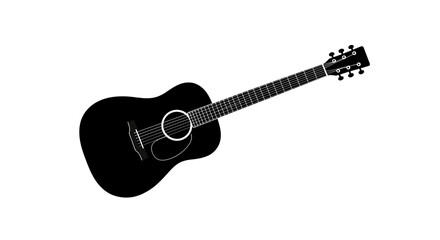 A black acoustic guitar isolated on a white background, showing its details.
