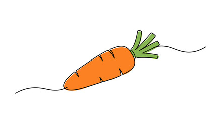 A single-line illustration of a vibrant orange carrot with green leafy top, on white.