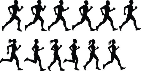 Silhouettes of men and women running, fitness training illustration, jogging workout vector, athlete marathon exercise, healthy lifestyle sports activity design.