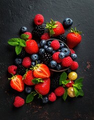 Fresh berries in a bowl, dark table