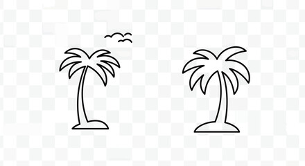 Minimalist line art illustration featuring two palm trees and birds in flight against a transparent background.