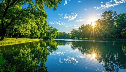 Sunny, lush park reflected in water