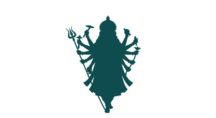 Silhouette of a multi-armed deity, possibly Durga, holding various weapons and symbols, against a white background.