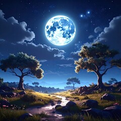 Night landscape with moonlit meadow