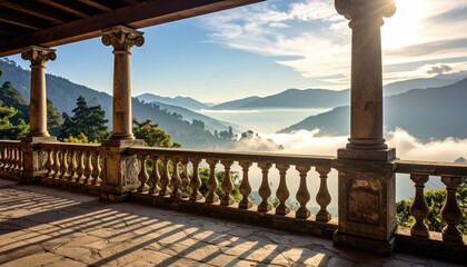Balcony view of mountains in the mist