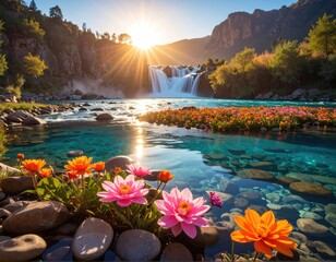 Stunning waterfall with flowers in lake