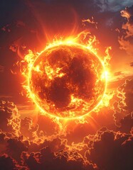 Fiery celestial body amidst clouds