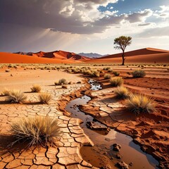 Arid land with stream, tree, and dunes