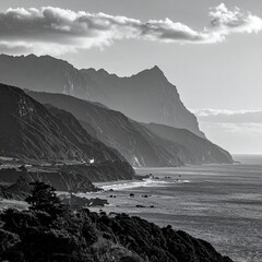 BW Coastal mountains and ocean view