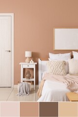 Interior of cozy bedroom with blank frame and table. Different color patterns