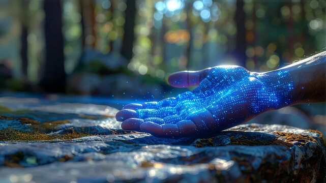 Human hand resting on mossy stone in a forest, illuminated by a glowing blue digital network effect. Represents the synergy between nature, technology, AI, and green data. Sunlit backdrop.