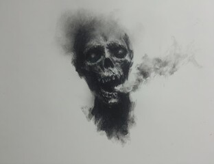 Grim charcoal drawing of a skeletal head exhaling smoke, emerging from darkness